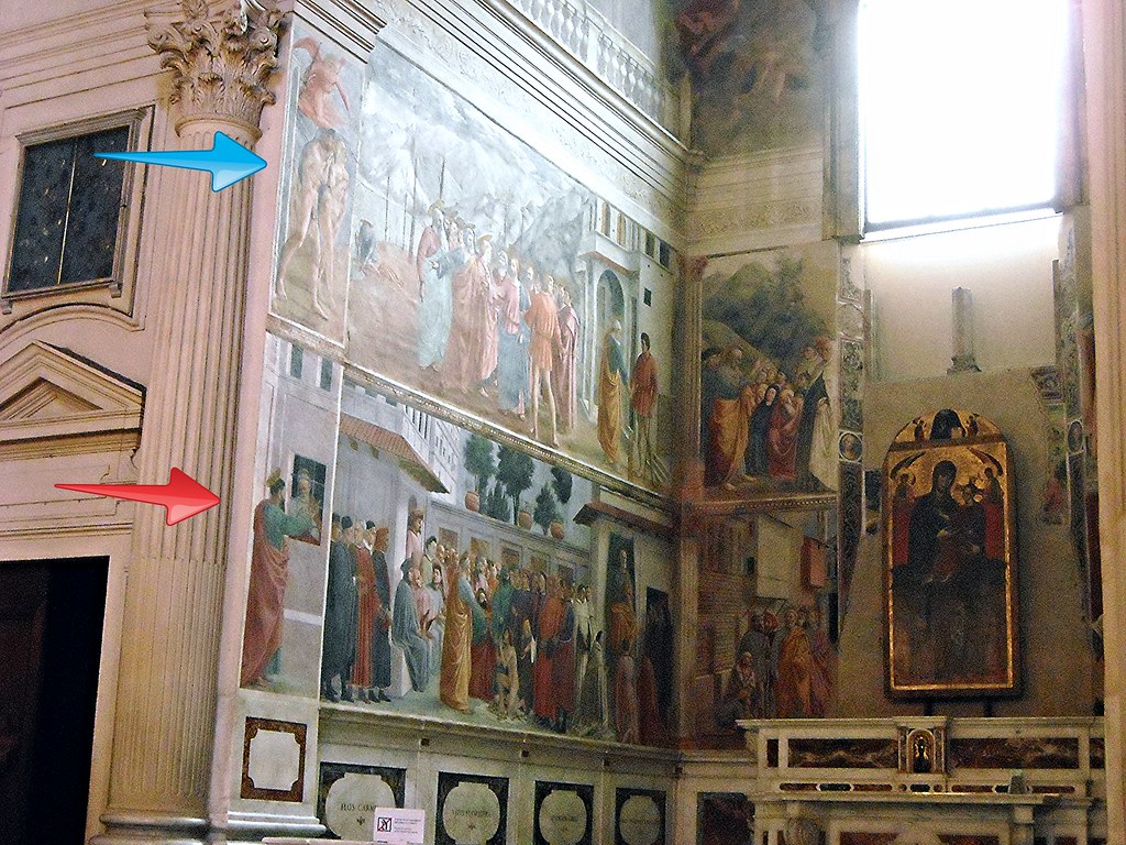 Frescoes (1424-1427/28, finished after 1480): 'Eartly Paradise expulsion' and 'Tax payment' by Masaccio (San Giovanni Va